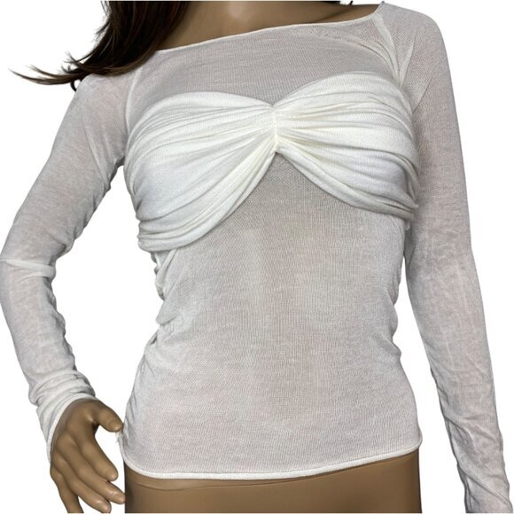 Y2K‎ White Sheer Long Sleeve Top With Ruched Bust Detail - Picture 1 of 6